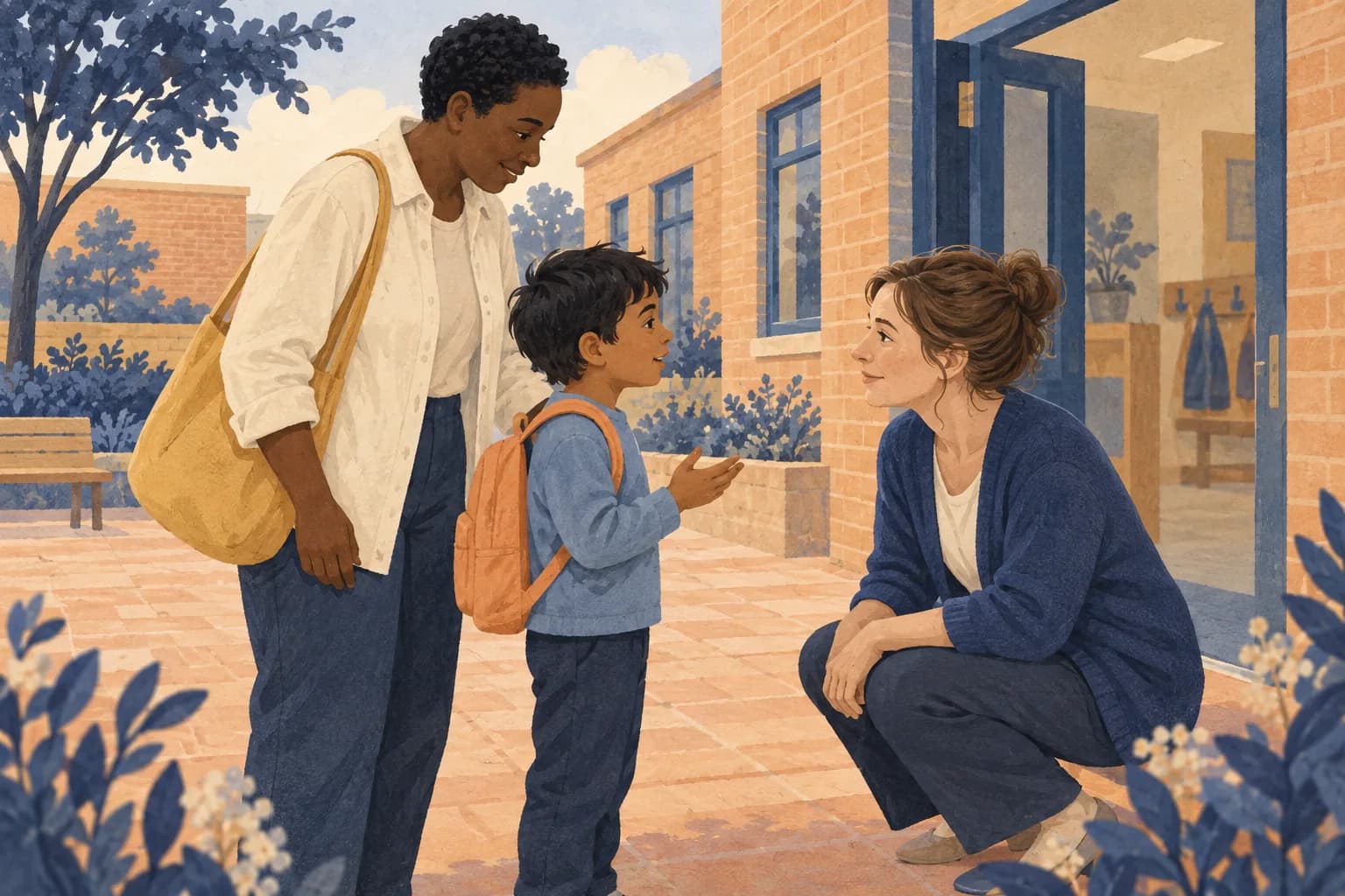 A child and parent talking with a welcoming adult in a school courtyard.