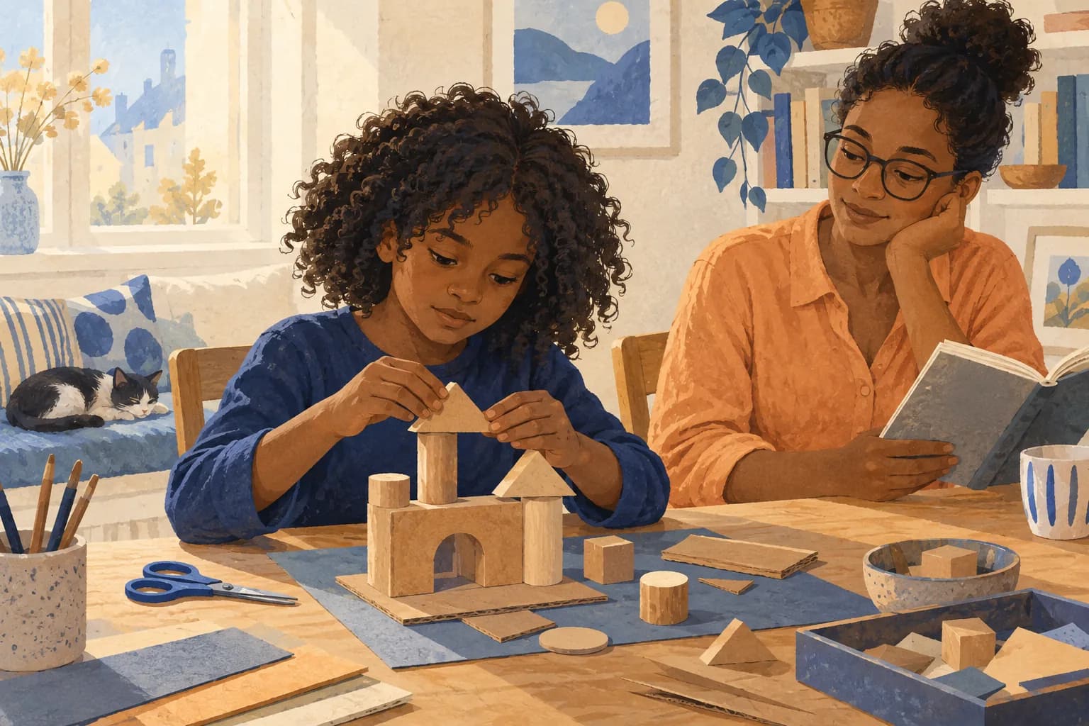 An older child absorbed in making a model, with an adult nearby.