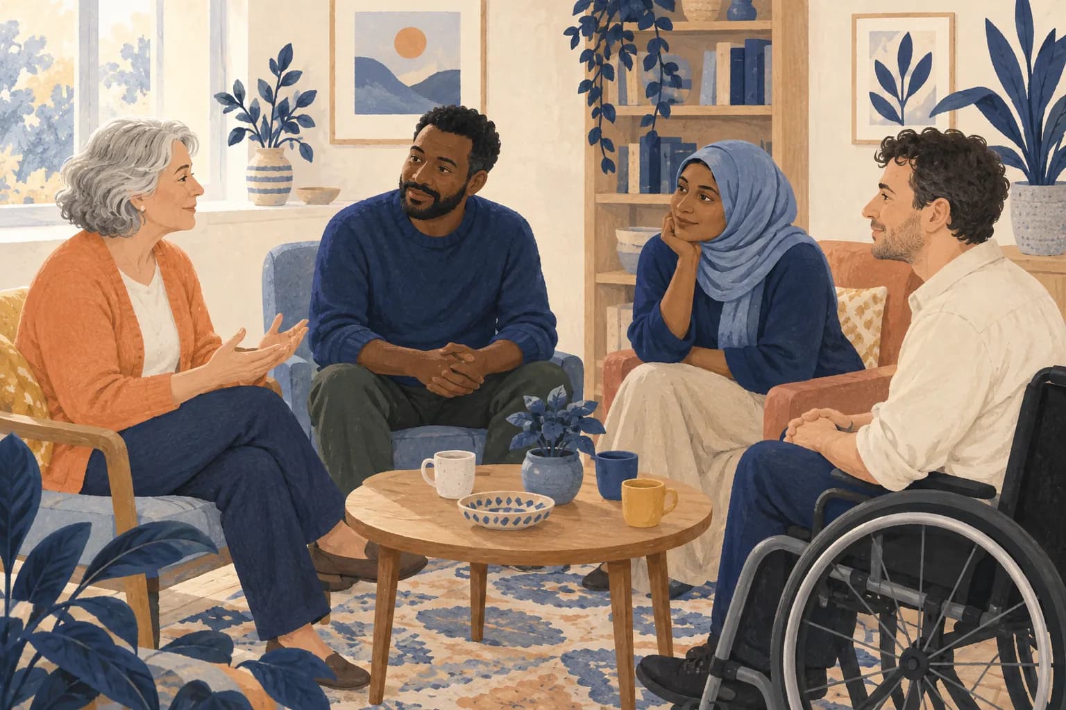 A small group of parents listening and sharing experiences in a community room.