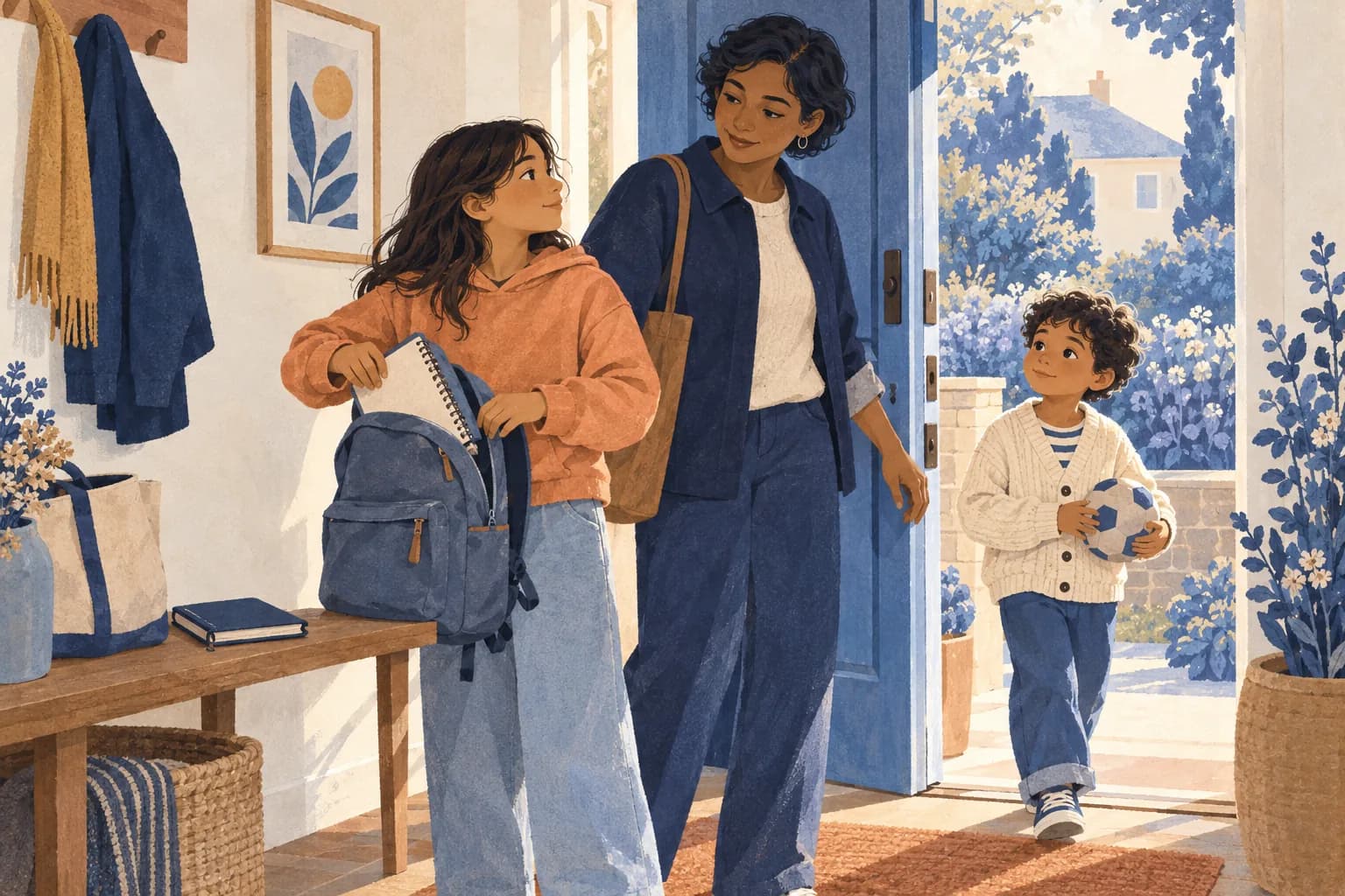 A family getting ready to head out for an ordinary afternoon together.