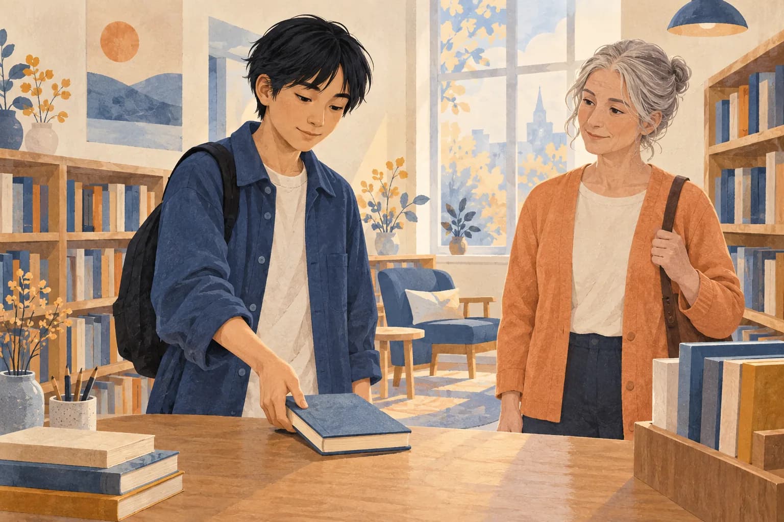 A teenager choosing a library book with a trusted adult nearby.