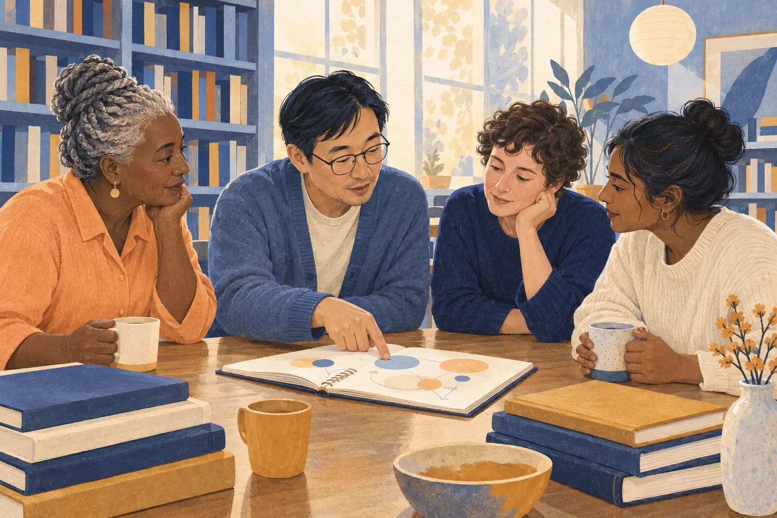 A small group sharing ideas around a table in a community library.