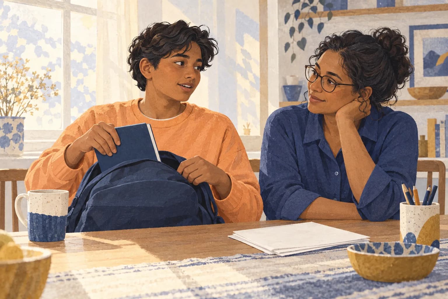 A teenager and parent choosing what to take to a meeting.