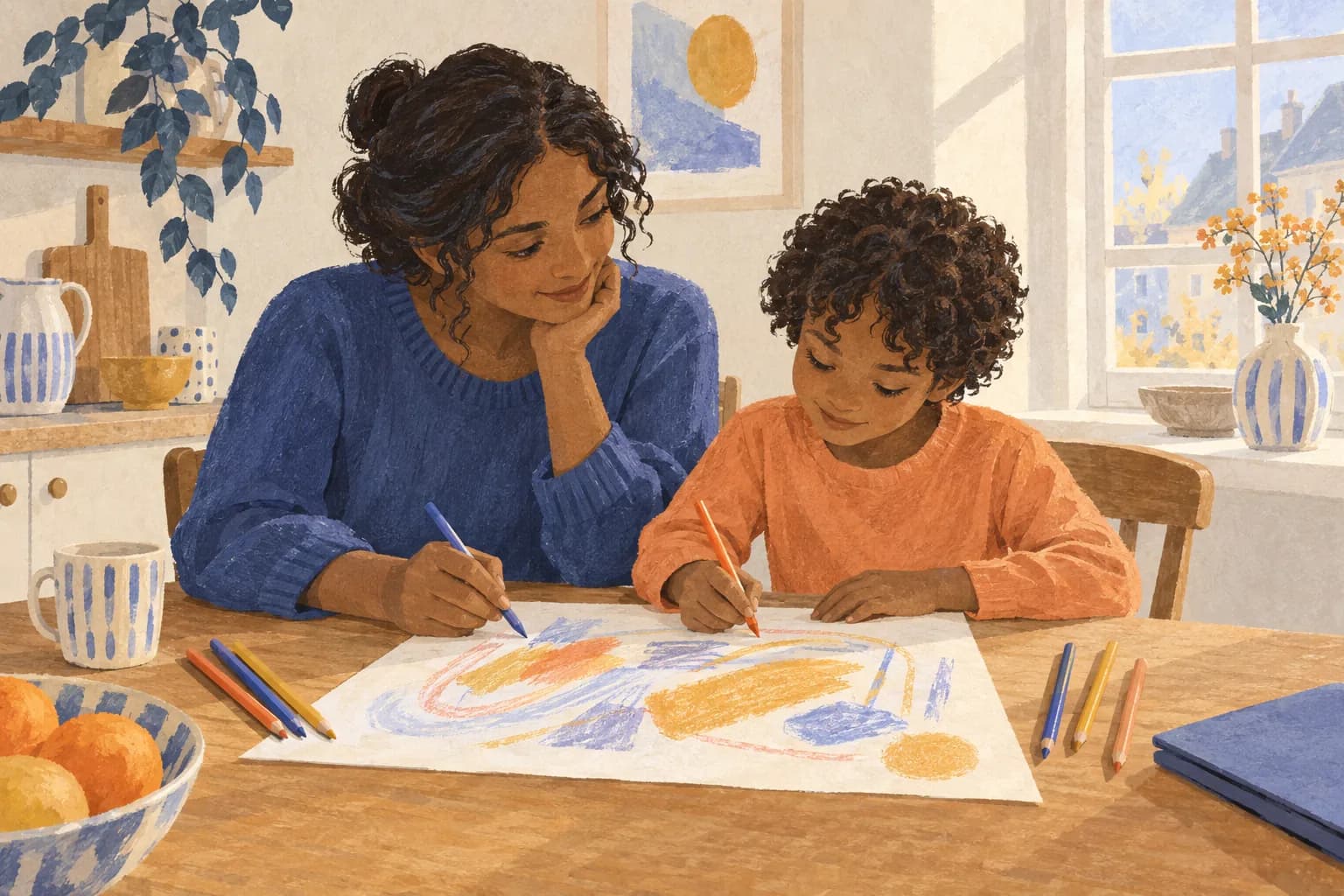 A parent and child drawing together at a sunny kitchen table.