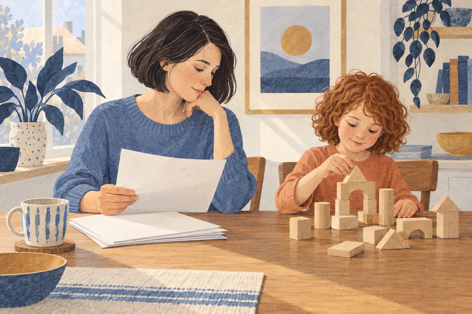 A parent reviewing a few papers while their child builds with wooden shapes nearby.