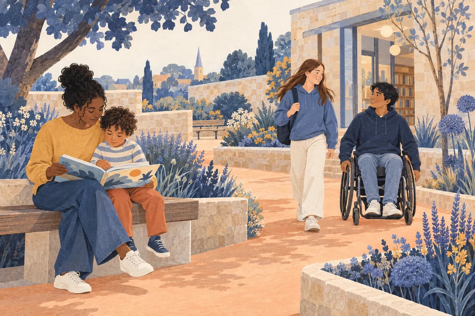 Families and young people spending time in a public courtyard and garden.