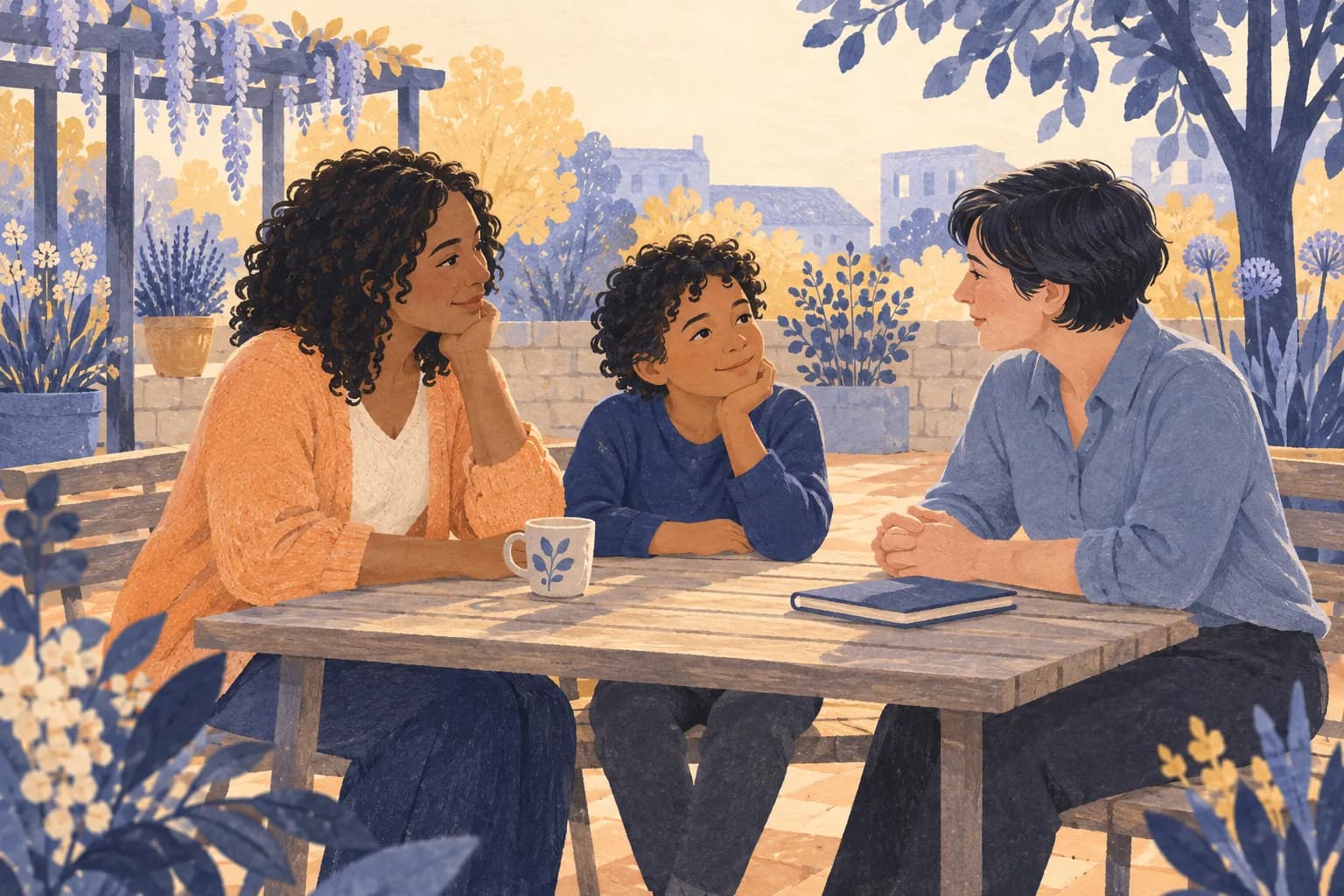 A parent and child talking with another adult around a garden table.